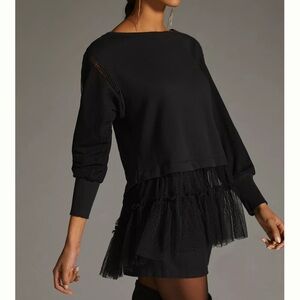 By Anthropologie Black Layered Tulle Sweatshirt Lace Hem